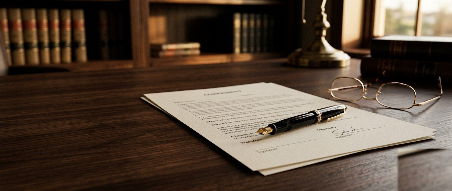 Contrato de franquia sobre mesa de madeira escura, com caneta tinteiro e óculos